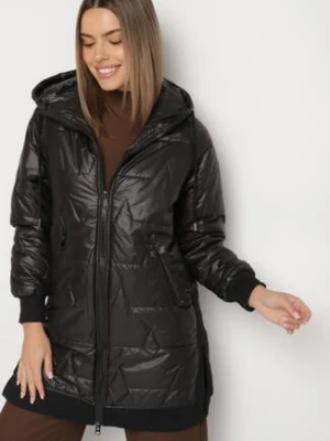 Czarna Pikowana Kurtka Przejściowa z Kapturem i Ściągaczami Fesarena swest