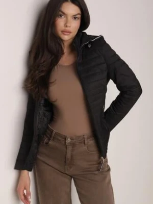 Czarna Pikowana Kurtka Przejściowa z Kapturem z Lamówką i Ściągaczami Zidara mhm