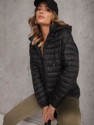 Czarna Pikowana Kurtka Przejściowa z Kapturem z Możliwością Odpięcia Feziel j.style