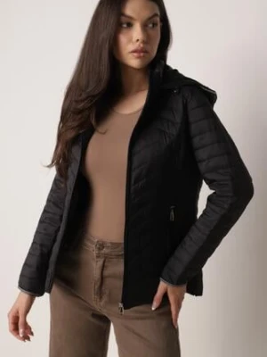 Czarna Pikowana Kurtka Przejściowa z Ozdobną Lamówką przy Kapturze Tidorna mhm