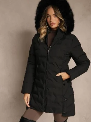 Czarna Pikowana Kurtka Puchowa z Kapturem z Futrem i Bocznymi Napami Zeniara romee's