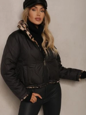 Czarna Pikowana Kurtka Puffer Dwustronna z Futerkiem w Panterkowy Wzór Tinnathra lovery