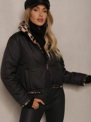 Czarna Pikowana Kurtka Puffer Dwustronna z Futerkiem w Panterkowy Wzór Tinnathra Lovery