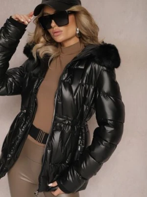 Czarna Pikowana Kurtka z Futerkiem Przy Kapturze Paelina swest