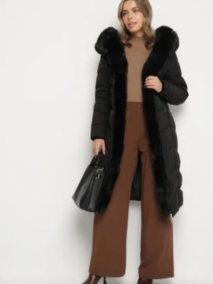 Czarna Pikowana Kurtka z Futerkowym Obszyciem i Paskiem Samiria swest