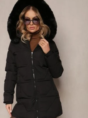 Czarna Pikowana Kurtka z Kapturem i Ozdobnym Futerkiem Zepiola j.style