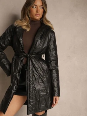 Czarna Pikowana Kurtka z Kapturem i Wiązanym Paskiem Elladie swest