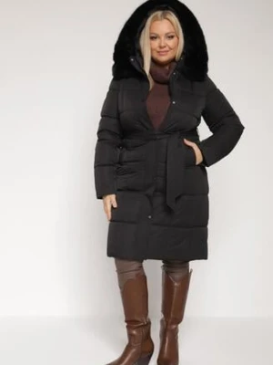 Czarna Pikowana Kurtka z Kapturem z Futrem i Wiązanym Paskiem Mevinatia rosse line