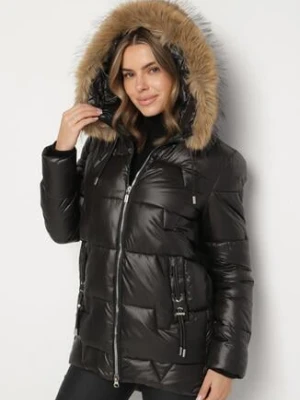 Czarna Pikowana Kurtka z Kapturem z Odpinanym Futerkiem Galiara swest