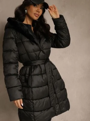 Czarna Pikowana Kurtka z Nieodpinanym Kapturem o Długim Kroju z Paskiem Lidassea