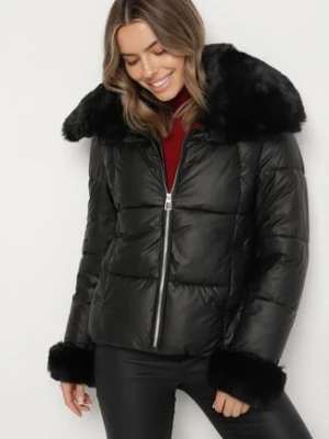 Czarna Pikowana Kurtka z Szerokim Kołnierzem z Futerkiem Galerra swest