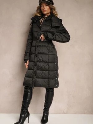 Czarna Pikowana Kurtka ZImowa z Eleganckim Paskiem Sadelara metrofive