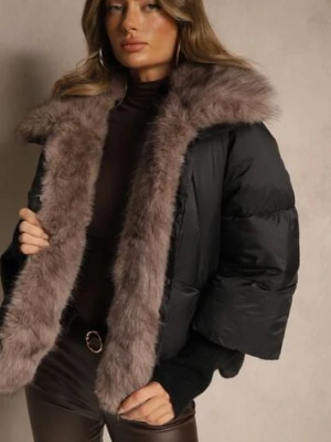 Czarna Pikowana Kurtka Zimowa z Futrem przy Kołnierzu i Ściągaczami Tildena yu & me