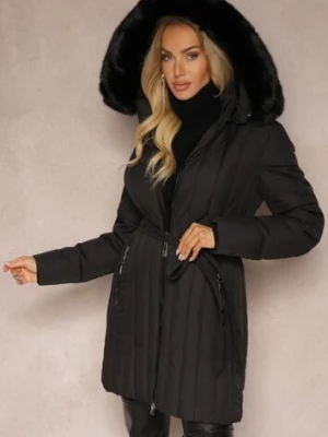 Czarna Pionowo Pikowana Kurtka z Kapturem z Futrzanym Wykończeniem i Wiązanym Paskiem Leozelle swest