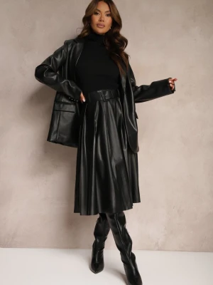 Czarna Plisowana Spódnica w Stylu Preppy o Rozkloszowanym Kroju High Waist z Paskiem Iriviel By May