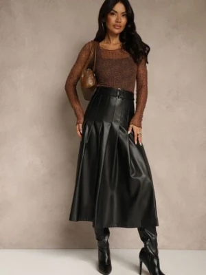 Czarna Plisowana Spódnica z Imitacji Skóry o Rozkloszowanym Kroju Tusdera