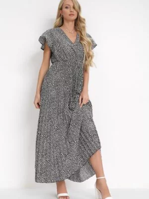 Czarna Plisowana Sukienka Maxi z Gumką w Talii i Kopertowym Dekoltem Kaimarie