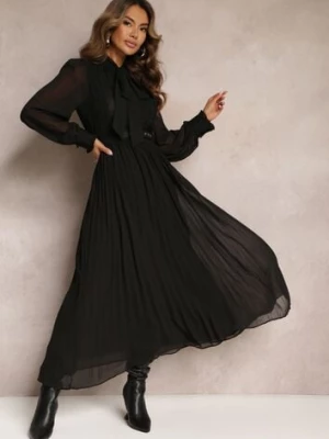 Czarna Plisowana Sukienka Maxi z Koronką i Paskiem Venila bisou's project