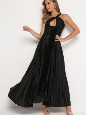 Czarna Plisowana Sukienka na Jedno Ramię z Gumką w Pasie Elasha allyson