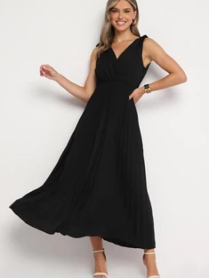 Czarna Plisowana Sukienka z Bawełną i Wiskozą o Rozkloszowanym Kroju z Gumką w Talii Xefia