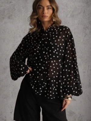 Czarna Półprzezroczysta Koszula w Kropki z Wiskozy i Bawełny z Wiązaniem Delmara