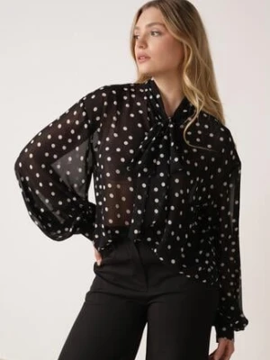 Czarna Półtransparentna Koszula w Groszki z Wiązaniem z Wiskozy i Bawełny Iamine