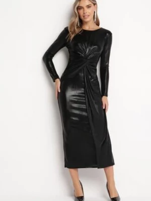 Czarna Połyskująca Sukienka Maxi z Ozdobnym Węzłem Fabriana