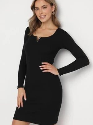 Czarna Prążkowana Sukienka Dopasowana z Bawełny z Ozdobną Wstawką przy Dekolcie Delamith las garras