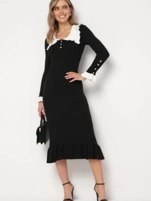 Czarna Prążkowana Sukienka Midi z Kołnierzykiem z Guzikami i Falbanką Prestaria rosa