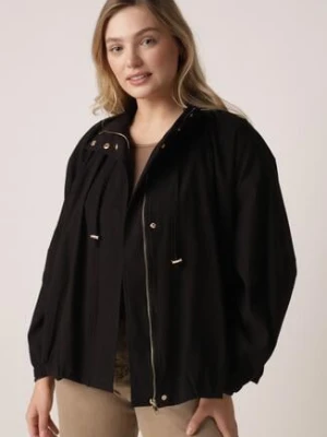 Czarna Przejściowa Kurtka Bombka Oversize z Bawełny i Wiskozy Effinue