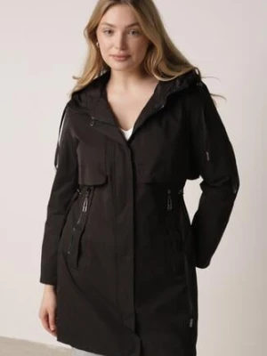 Czarna Przejściowa Kurtka Parka z Kapturem i Podwijanymi Rękawami Tinarose swest