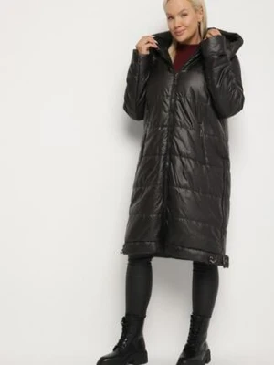 Czarna Przejściowa Kurtka Pikowana z Kapturem i Suwakami po Bokach Fesunela swest