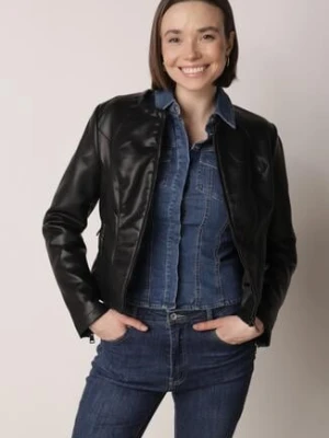 Czarna Przejściowa Kurtka Taliowana Ramoneska bez Kołnierzyka Nissanea j.style