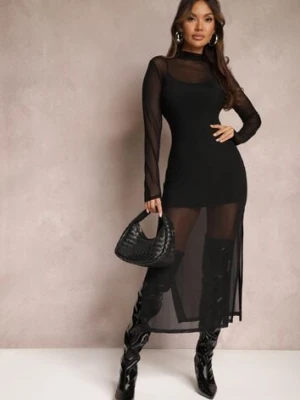 Czarna Prześwitująca Sukienka Dzianinowa Midi z Halką Bavina by swan