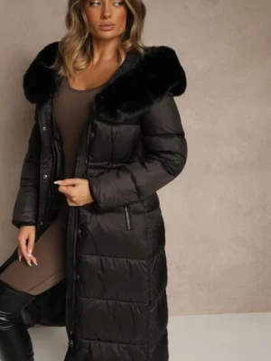 Czarna Puchowa Kurtka Pikowana o Długim Kroju z Kapturem z Futerkiem Bavea ann gissy