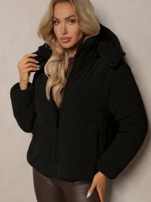 Czarna Puchowa Kurtka Sztruksowa z Kapturem z Możliwością Odpięcia Sinrielle h&s