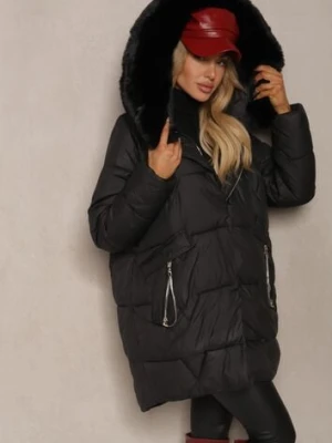 Czarna Pudełkowa Kurtka Pikowana Ozdobiona Odpinanym Futerkiem i Suwakiem Hedizelle