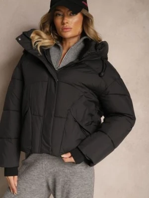 Czarna Pudełkowa Kurtka z Pikowanymi Przeszyciami i Kapturem Zdobiona Ściągaczami Hedilea rosse line