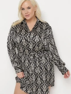 Czarna Pudełkowa Sukienka Mini z Wiązanym Paskiem Hrina