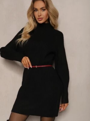 Czarna Pudełkowa Sukienka Sweterkowa Półgolf z Wełną Norawen unigirl