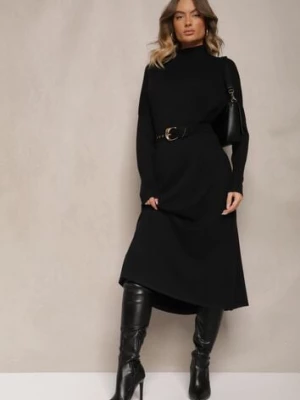 Czarna Pudełkowa Sukienka Sweterkowa z Wiskozą i Golfem Rinnine m&d fashion