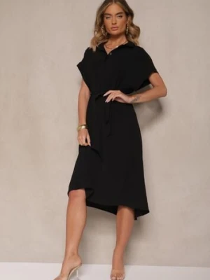 Czarna Pudełkowa Sukienka z Bawełną i Paskiem Savorienne j&x