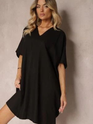 Czarna Pudełkowa Sukienka z Bawełny z Krótkim Rękawem i Trójkątnym Dekoltem Vikana melya by melody