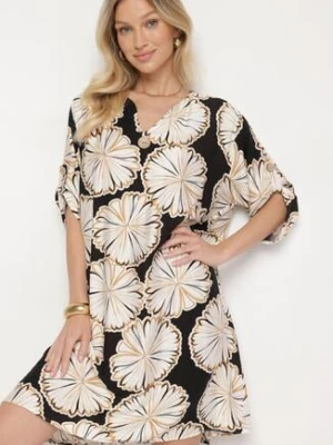 Czarna Pudełkowa Sukienka z Lnem i Wiskozą w Kwiaty Rinosea rosita