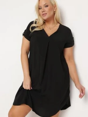 Czarna Pudełkowa Sukienka z Nakładką przy Dekolcie z Wiskozy Moaneni christy