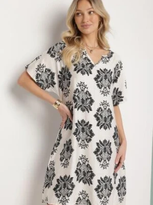 Czarna Pudełkowa Sukienka z Wiskozy Ozdobiona Geometrycznym Wzorem Emilavie cflo