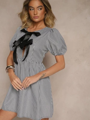 Czarna Retro Sukienka w Kratkę Vichy o Rozkloszowanym Kroju z Wiązaniem Temarea Lovery