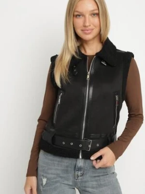 Czarna Rockowa Kamizelka z Futerkiem Typu Baranek i Klamerką Tiodora j.style