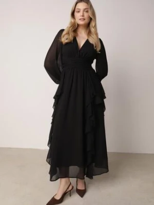 Czarna Romantyczna Sukienka Koktajlowa z Falbanami i Marszczeniem w Pasie Aranilla bisou's project