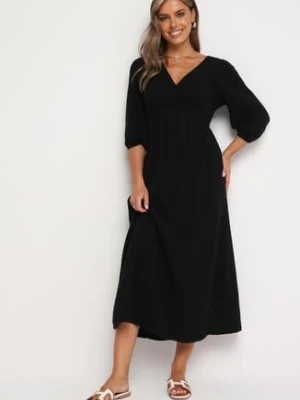 Czarna Rozkloszowana Bawełniana Sukienka Boho z Wiązaniem i Gumką w Talii Lawla jumelle